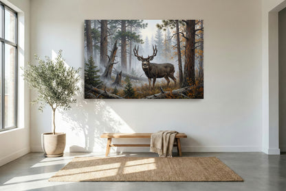 gallery wrapped canvas wildlife wall art of heavy fog begins to lift dark horned mule deer