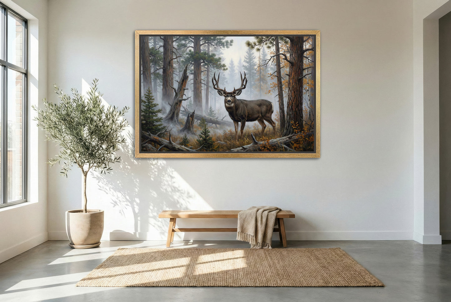 gold floating framed canvas trophy room art of heavy fog begins to lift dark horned mule deer