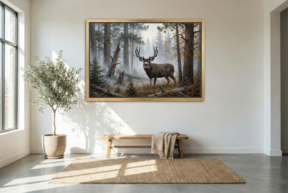 gold floating framed canvas trophy room art of heavy fog begins to lift dark horned mule deer