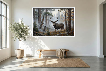 white floating framed canvas art of heavy fog begins to lift dark horned mule deer