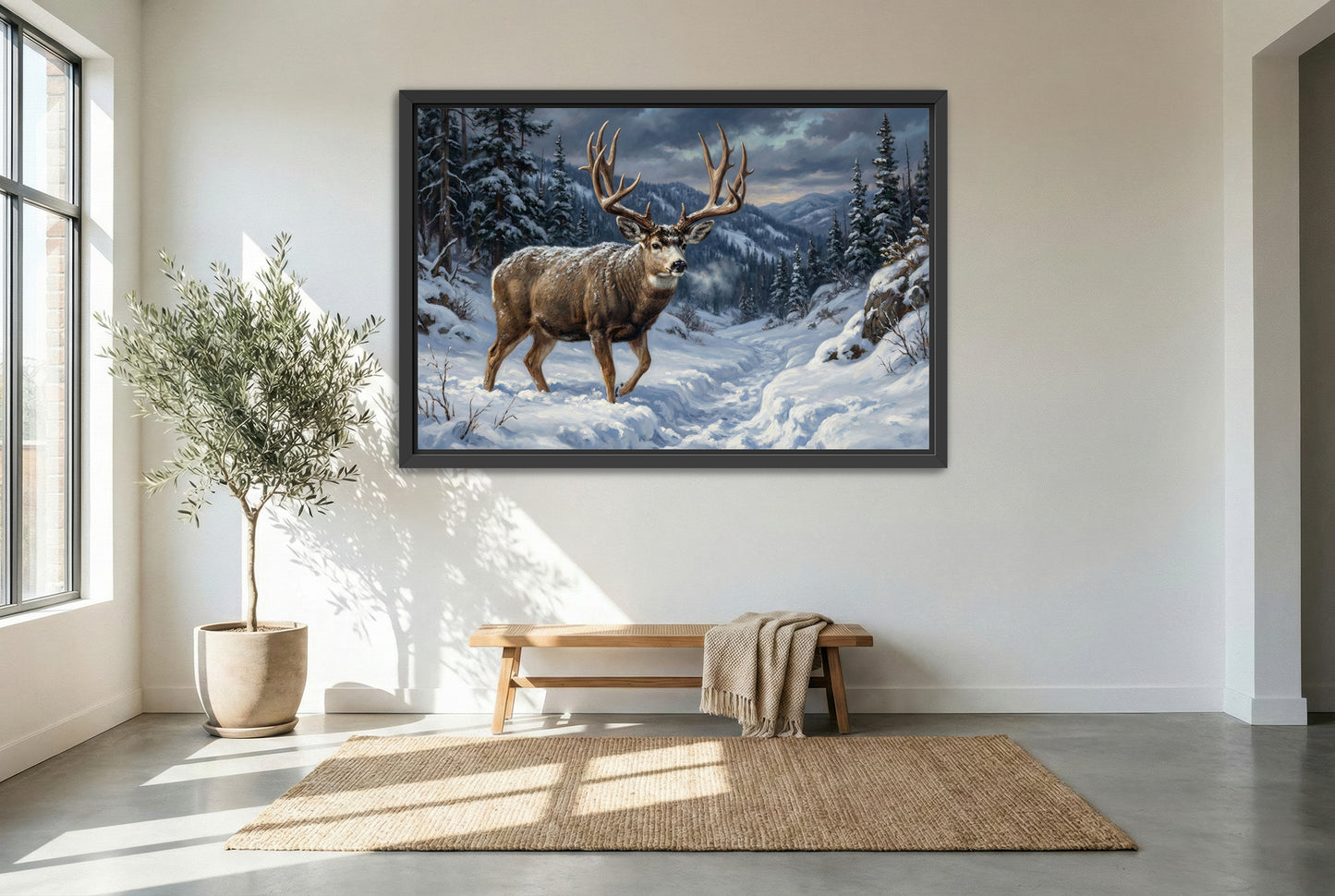 black floating framed canvas print featuring a mule deer buck migrating through heavy snow out of high country mule deer buck
