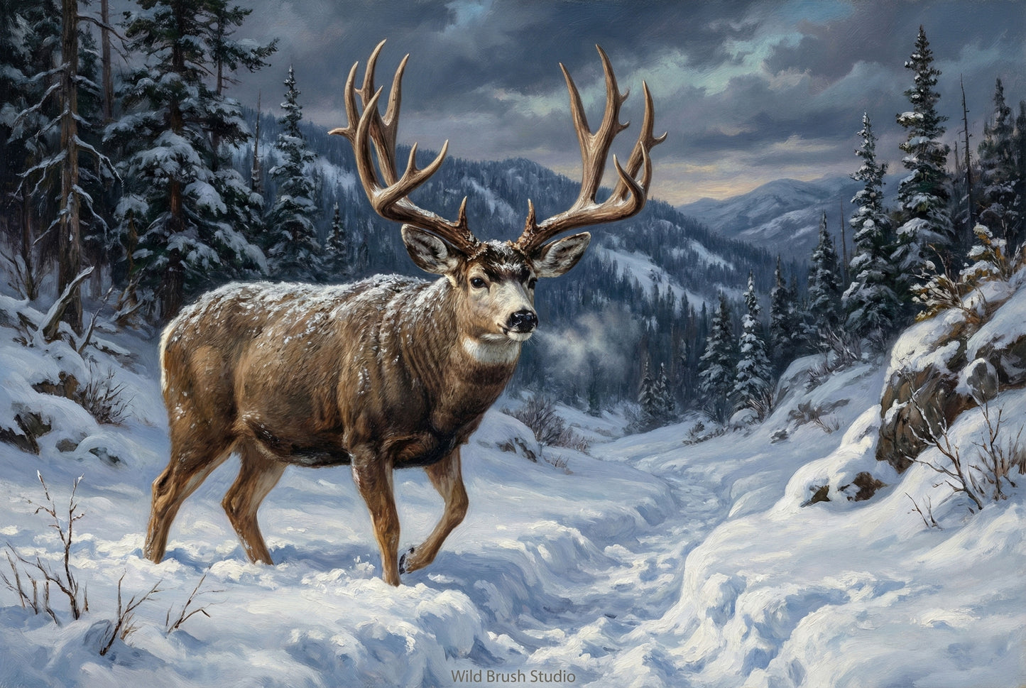 heavy snow migrating out of high country mule deer buck oil painting paper art print