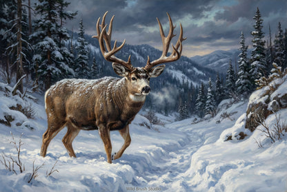 heavy snow migrating out of high country mule deer buck oil painting paper art print