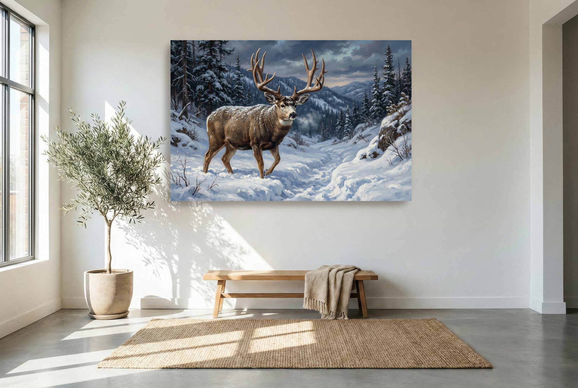 gallery wrapped canvas wildlife wall art of a mule deer buck migrating through heavy snow out of high country mule deer buck