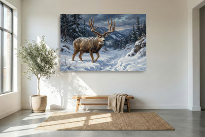 gallery wrapped canvas wildlife wall art of a mule deer buck migrating through heavy snow out of high country mule deer buck