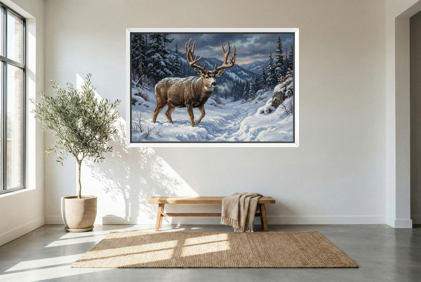 white floating framed canvas art of a mule deer buck migrating through heavy snow out of high country mule deer buck