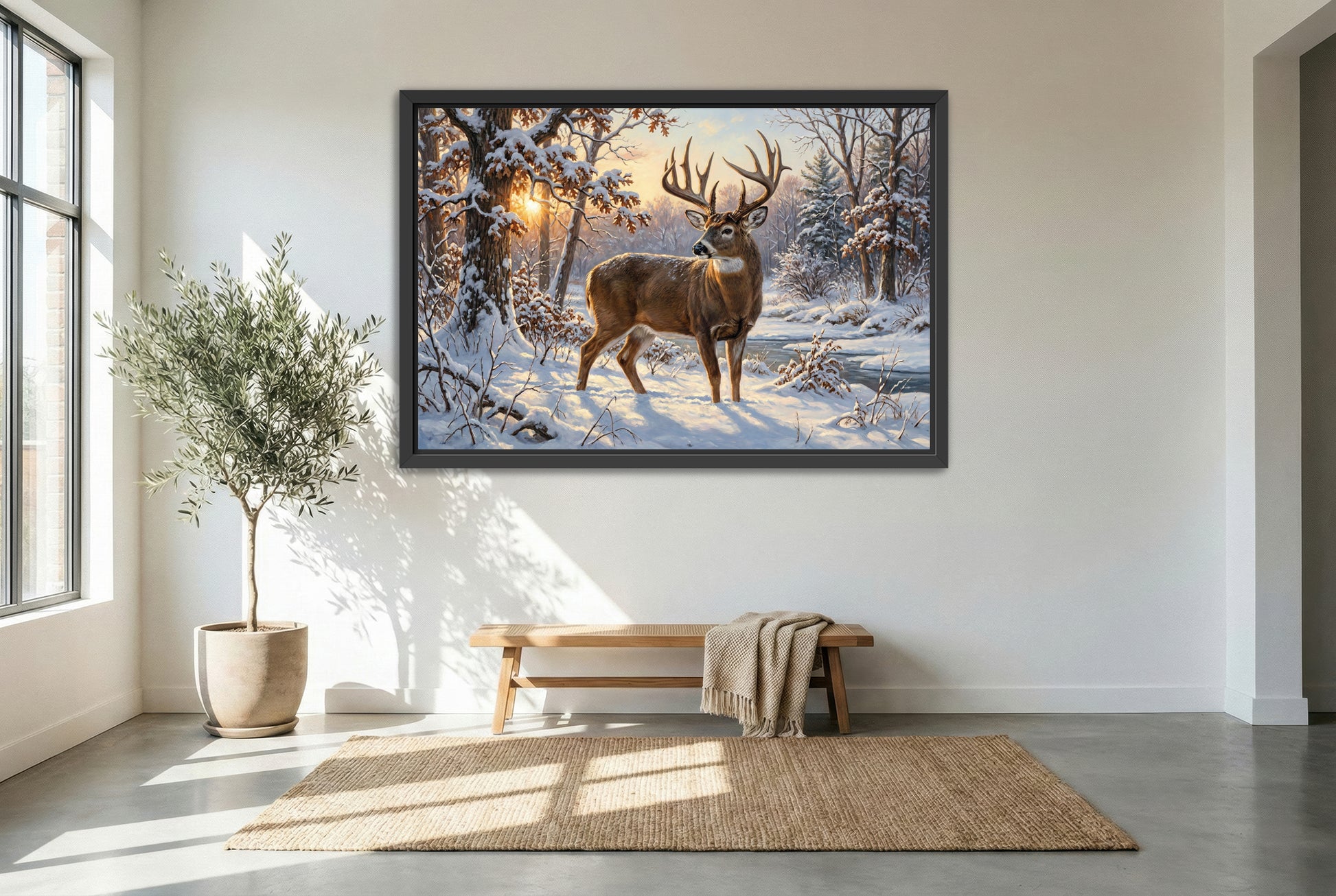 black floating framed canvas print featuring heavy snowfall whitetail buck one last look