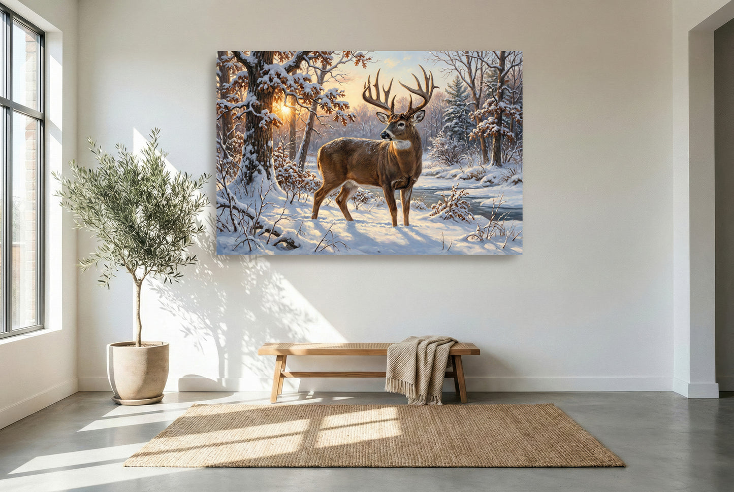 gallery wrapped canvas wildlife wall art of heavy snowfall whitetail buck one last look