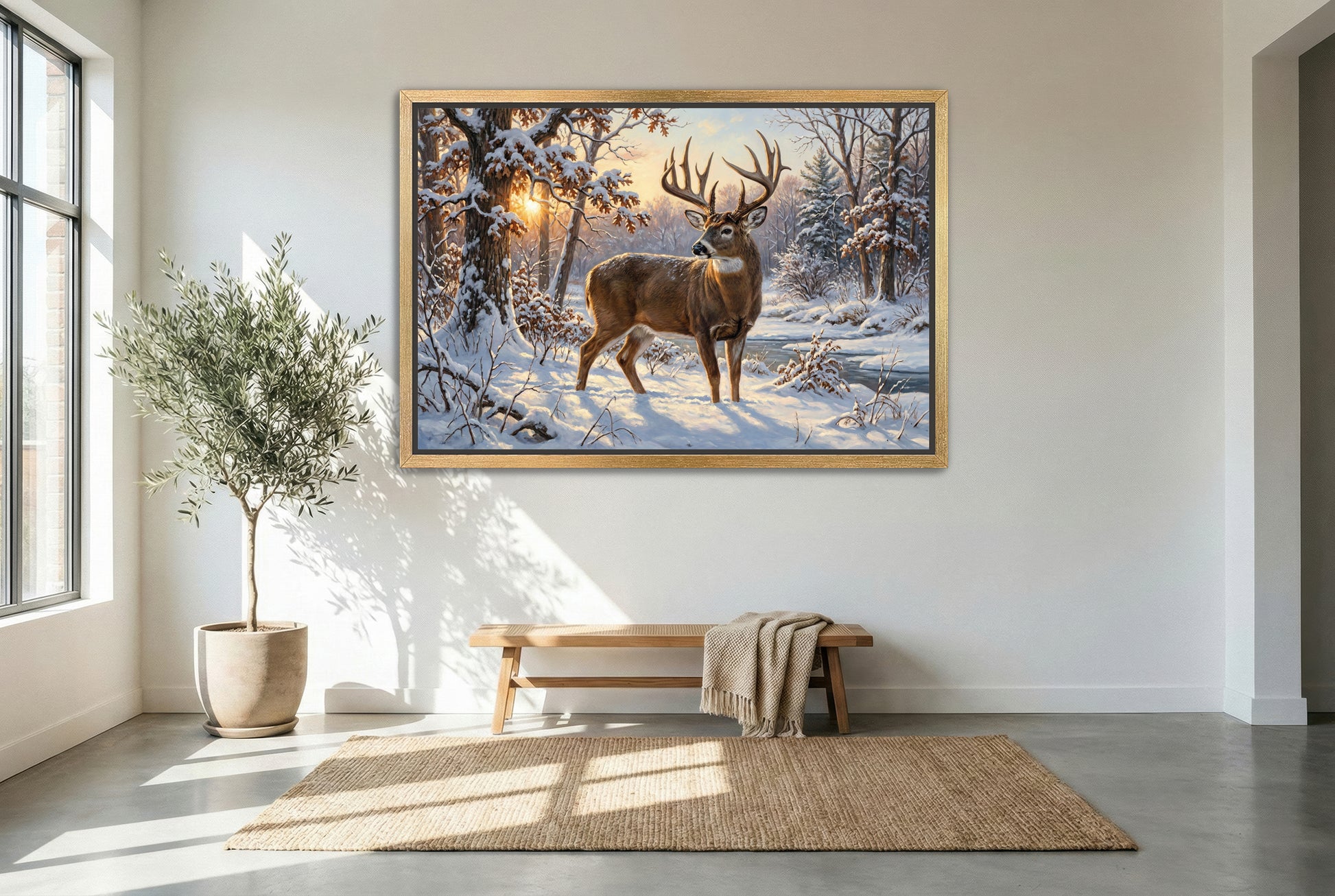 gold floating framed canvas trophy room art of heavy snowfall whitetail buck one last look