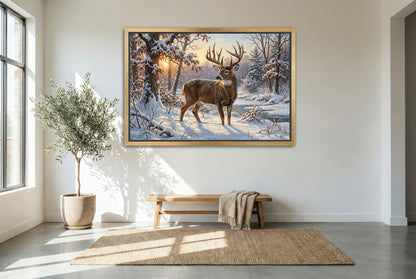 gold floating framed canvas trophy room art of heavy snowfall whitetail buck one last look