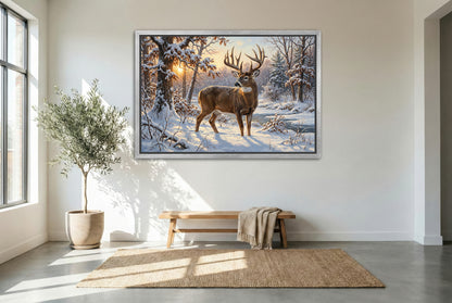 silver floating framed canvas big game artwork of heavy snowfall whitetail buck one last look