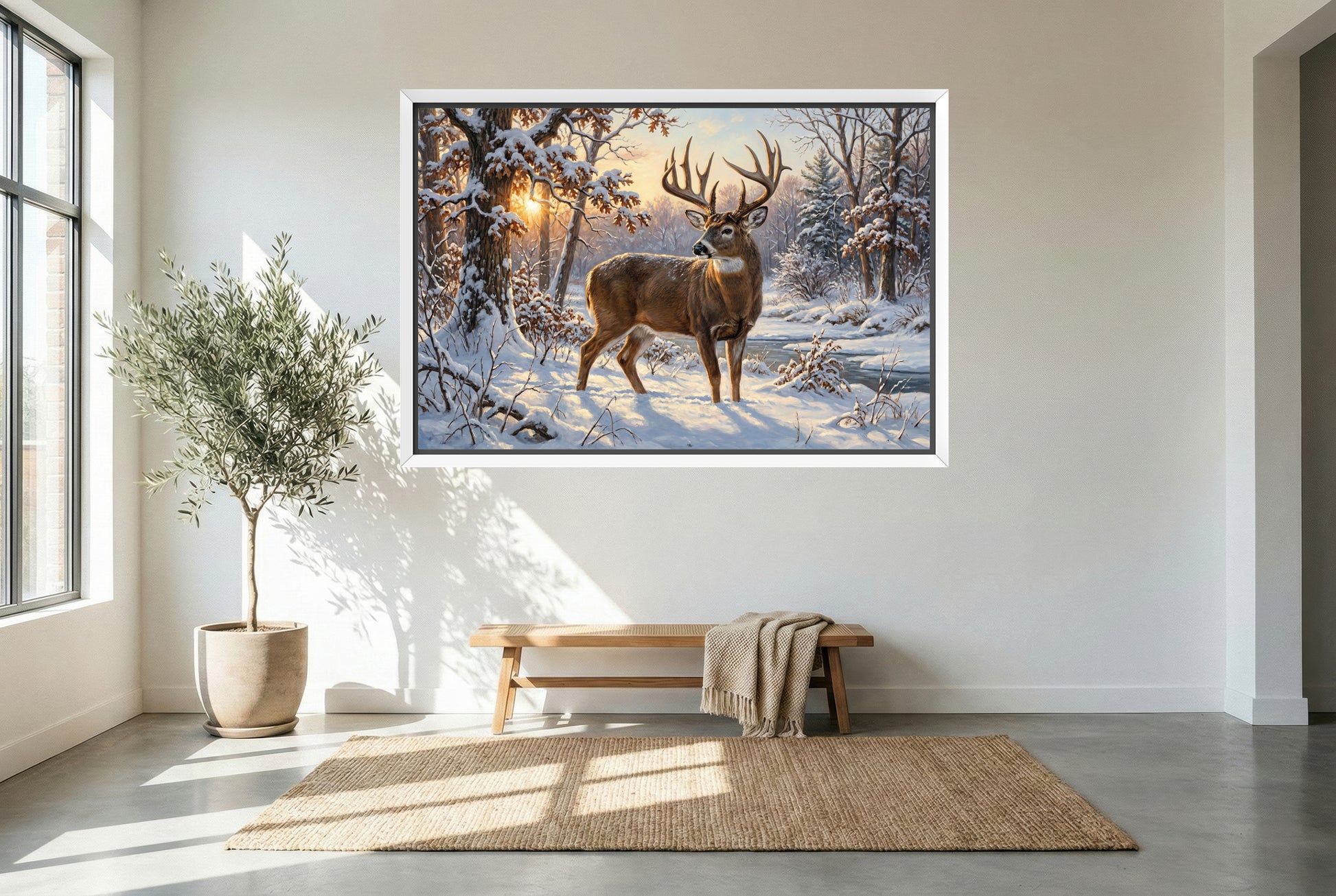 white floating framed canvas art of heavy snowfall whitetail buck one last look