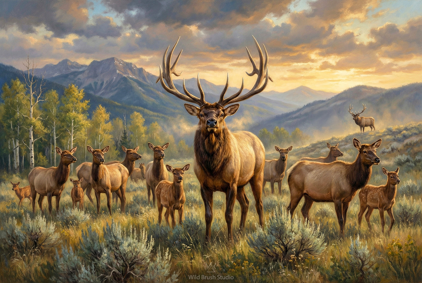 herd bull elk keeping watch over his harem in September oil painting paper art print