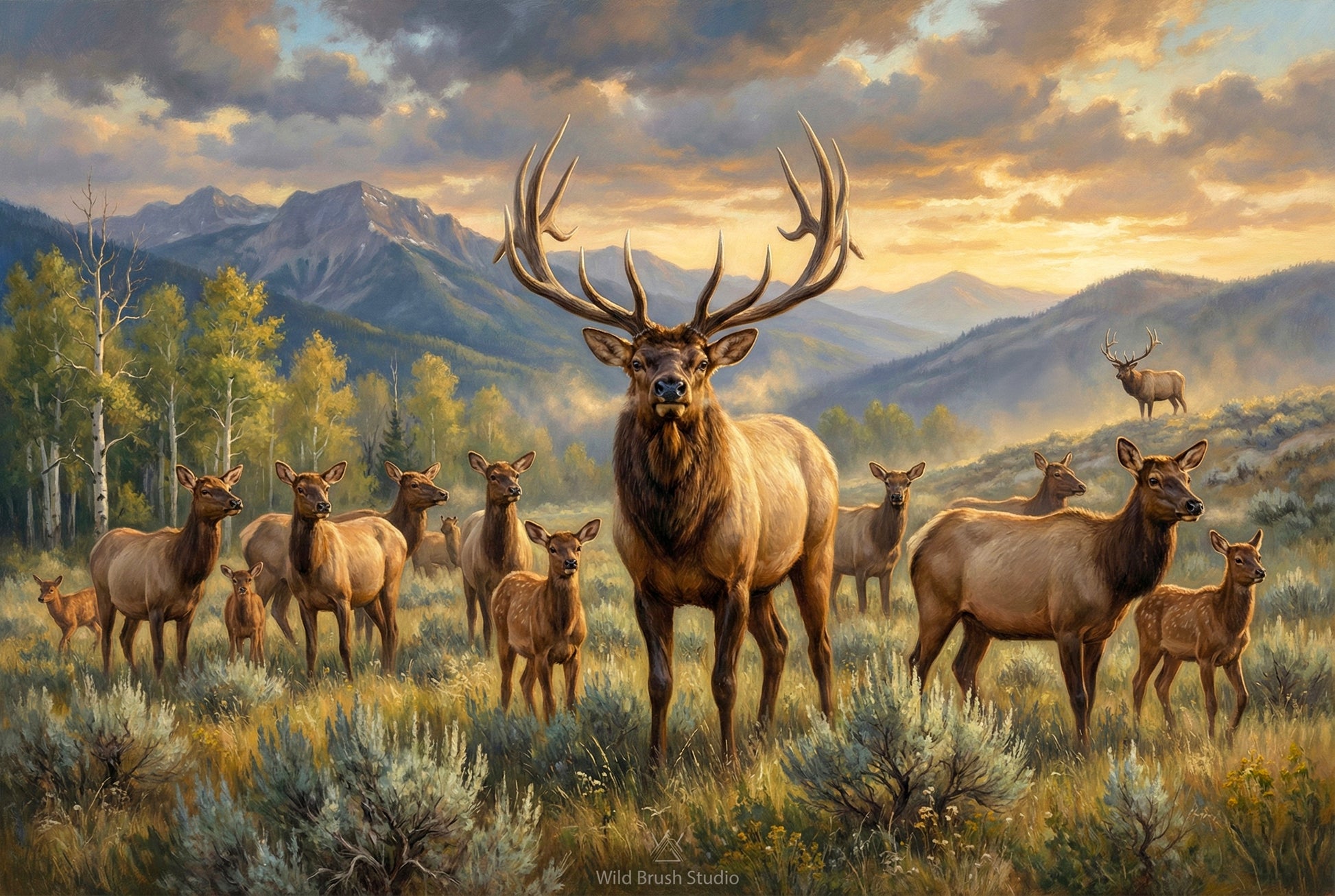 herd bull elk keeping watch over his harem in September oil painting paper art print
