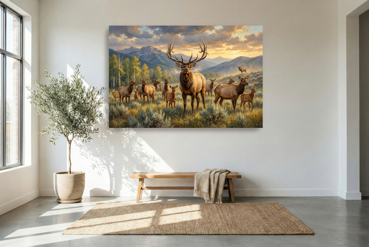 gallery wrapped canvas wildlife wall art of a herd bull elk keeping watch over his harem in September