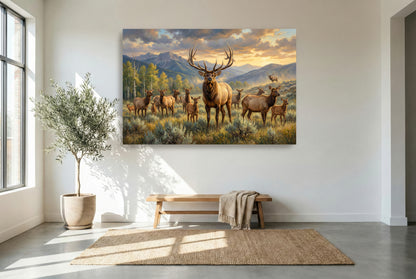 gallery wrapped canvas wildlife wall art of a herd bull elk keeping watch over his harem in September