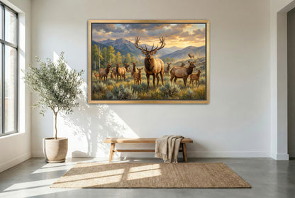 gold floating framed canvas trophy room art of a herd bull elk keeping watch over his harem in September