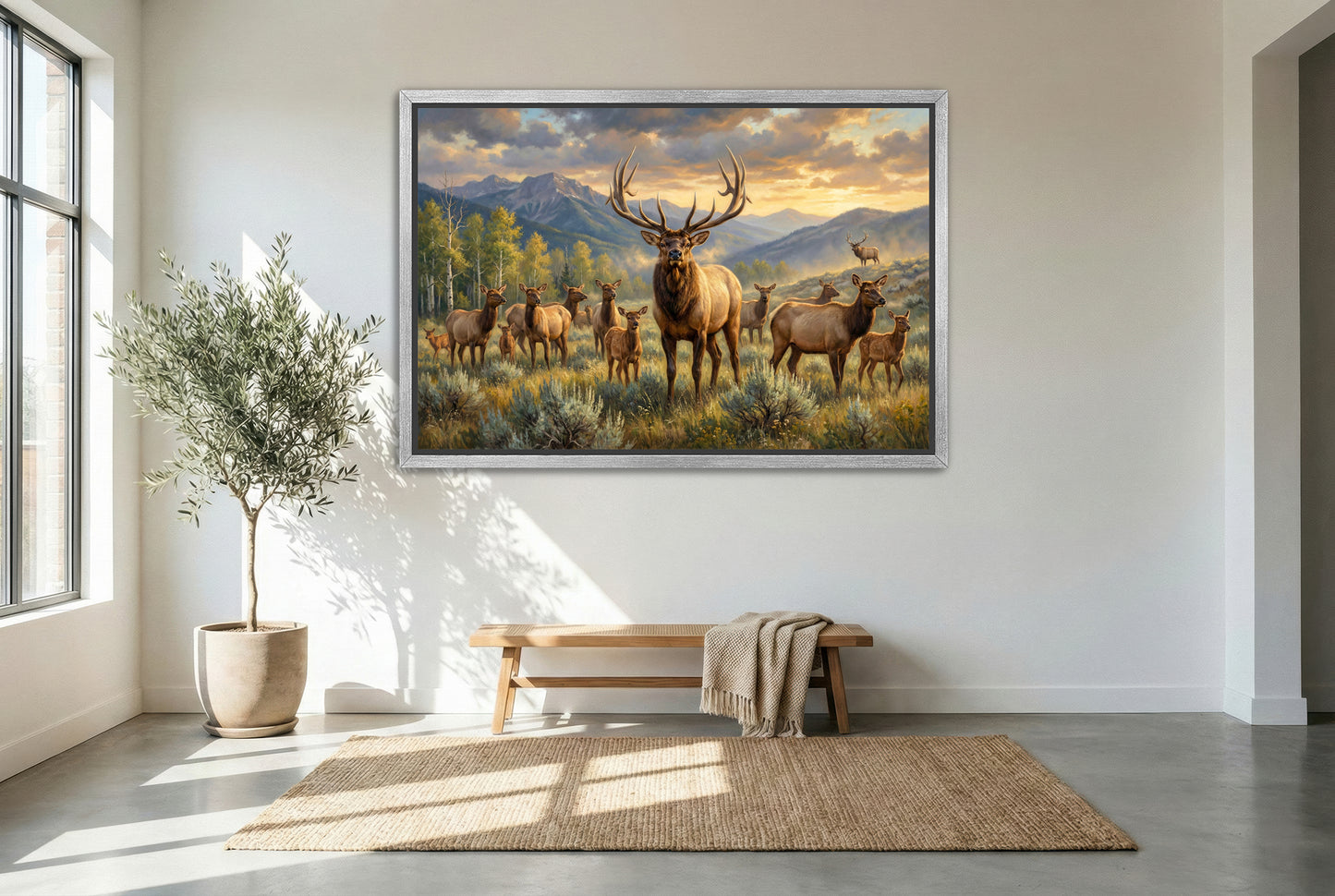 silver floating framed canvas big game artwork of a herd bull elk keeping watch over his harem in September