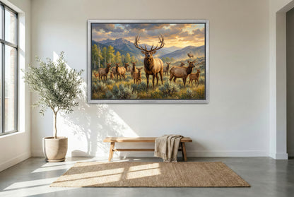 silver floating framed canvas big game artwork of a herd bull elk keeping watch over his harem in September