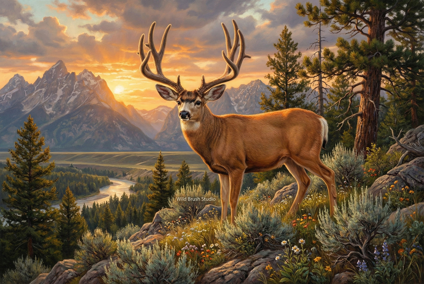 high country velvet mule deer summer oil painting paper art print
