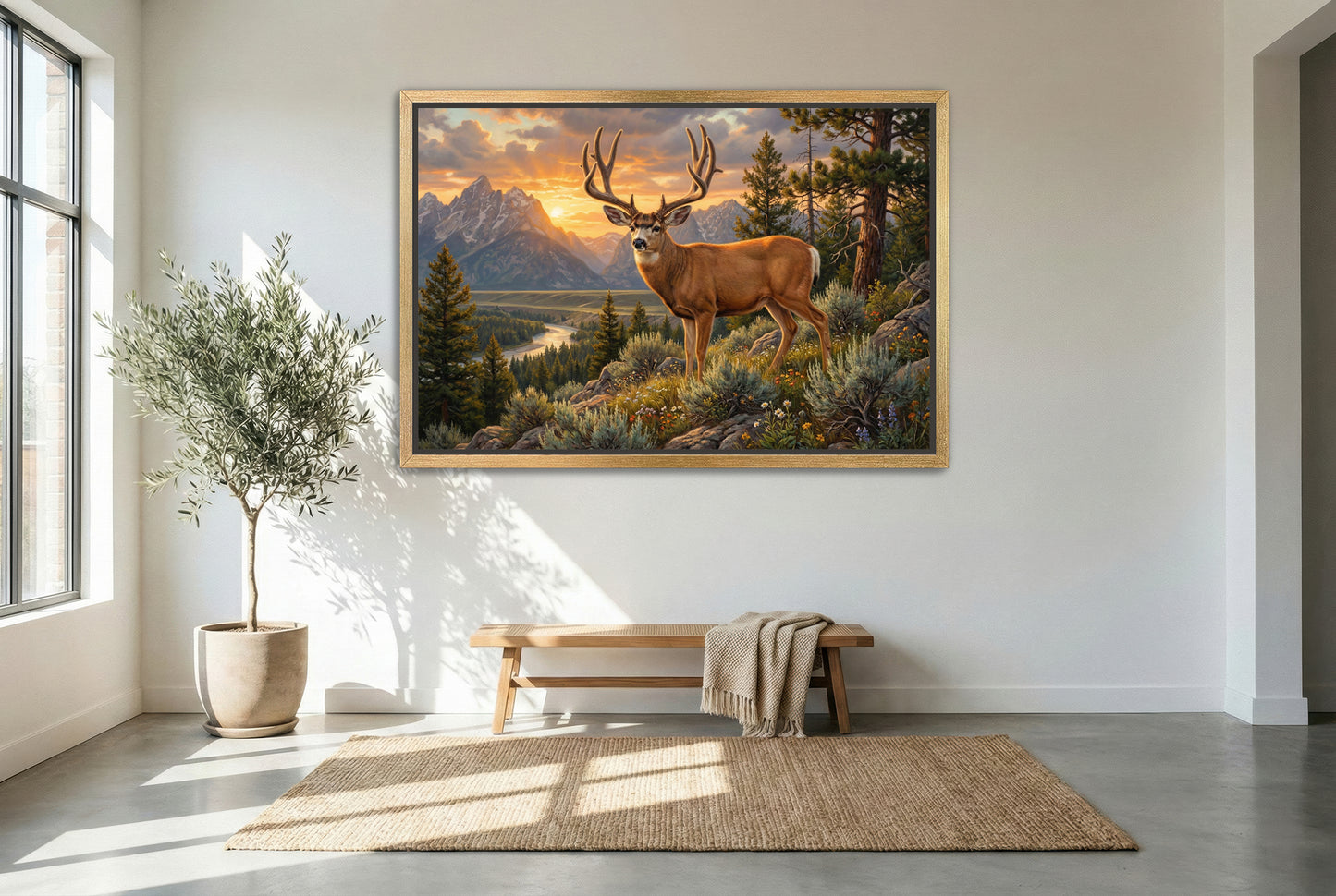 gold floating framed canvas trophy room art of a high country velvet mule deer summer