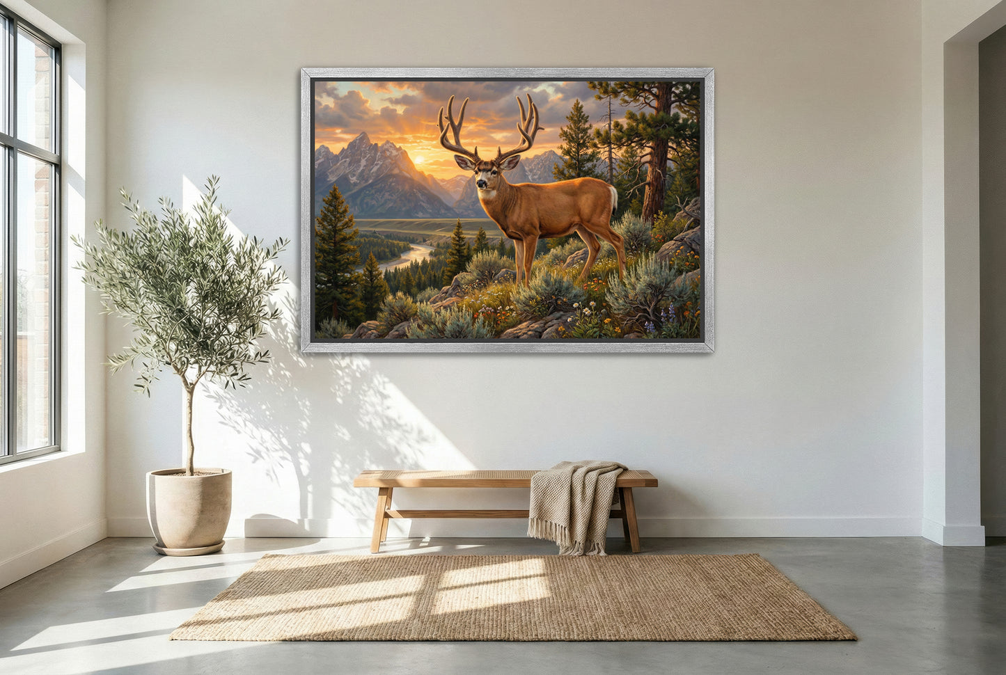 silver floating framed canvas big game artwork of a high country velvet mule deer summer