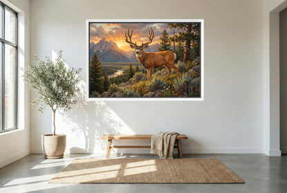 white floating framed canvas art of a high country velvet mule deer summer