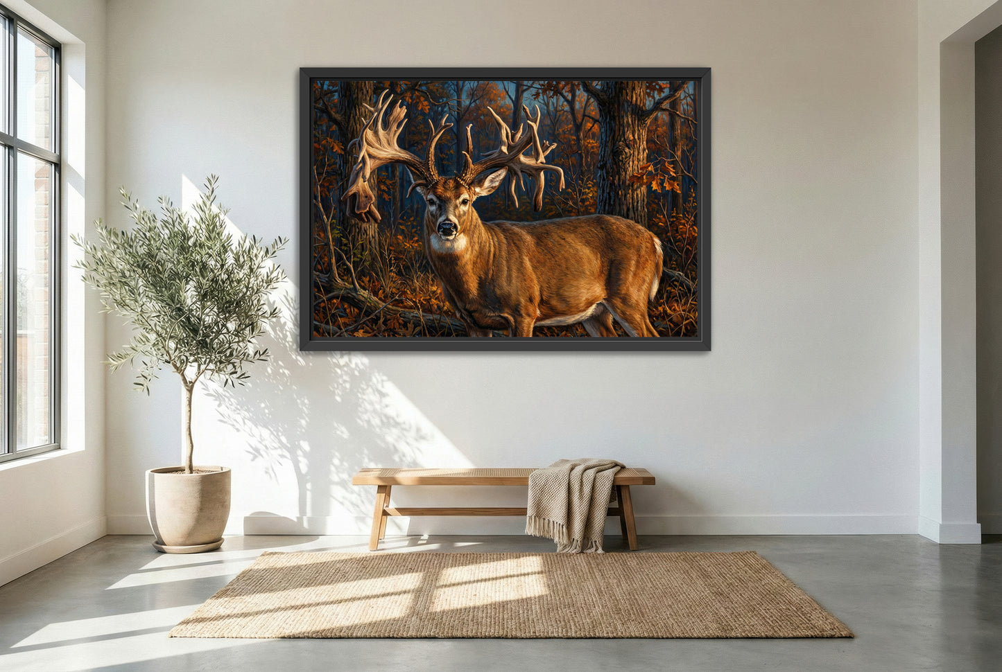 black floating framed canvas print featuring the hole in the horn whitetail buck