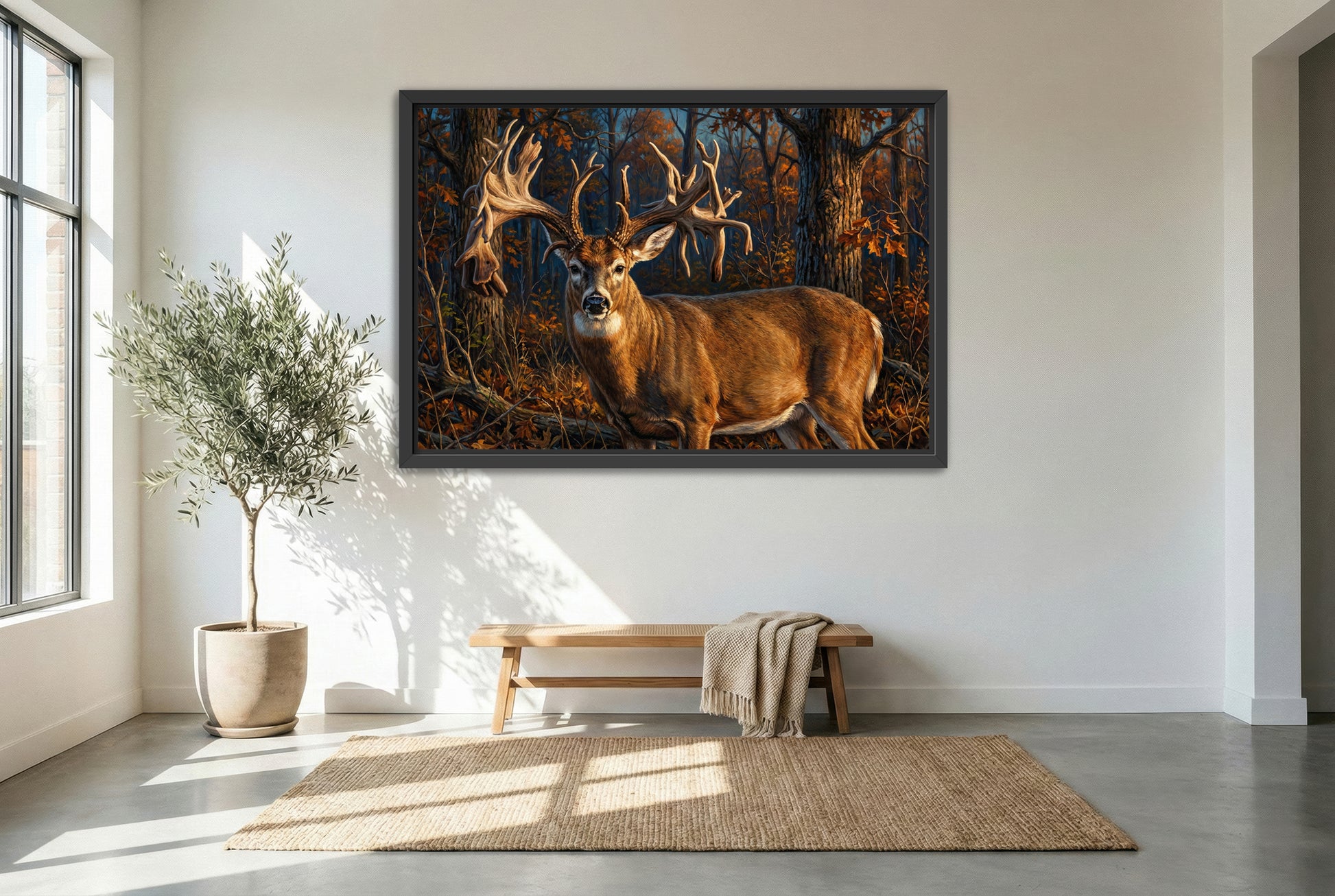 black floating framed canvas print featuring the hole in the horn whitetail buck