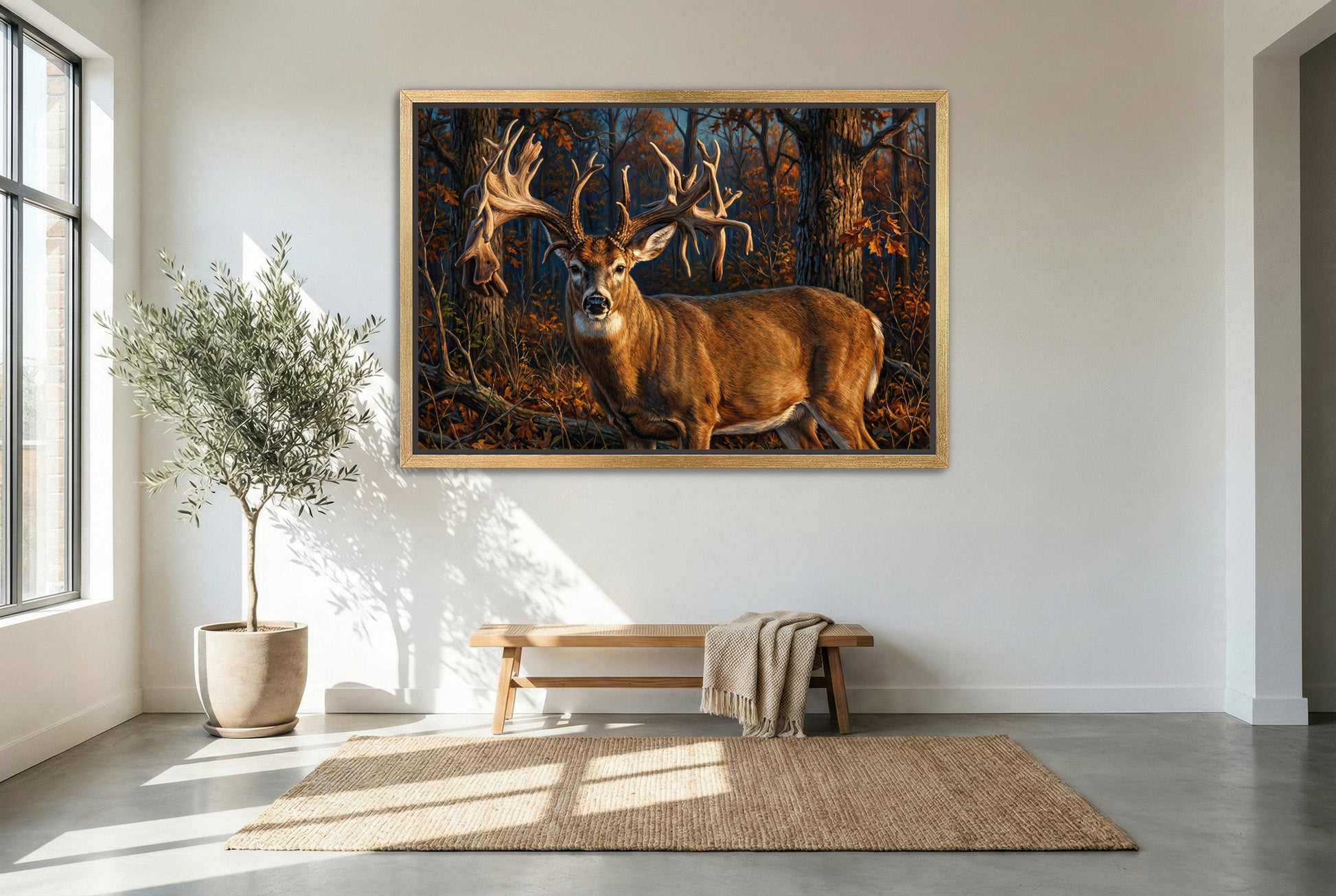 gold floating framed canvas trophy room art of the hole in the horn whitetail buck
