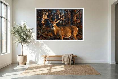 white floating framed canvas art of the hole in the horn whitetail buck