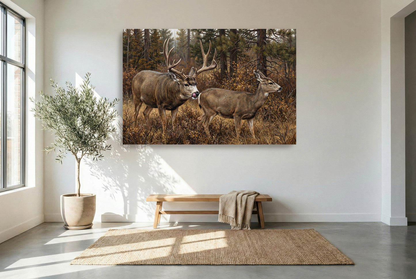gallery wrapped canvas wildlife wall art of hot on her tail the mule deer rut