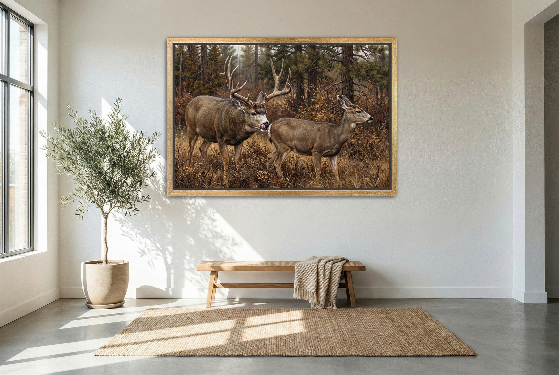 gold floating framed canvas trophy room art of hot on her tail the mule deer rut