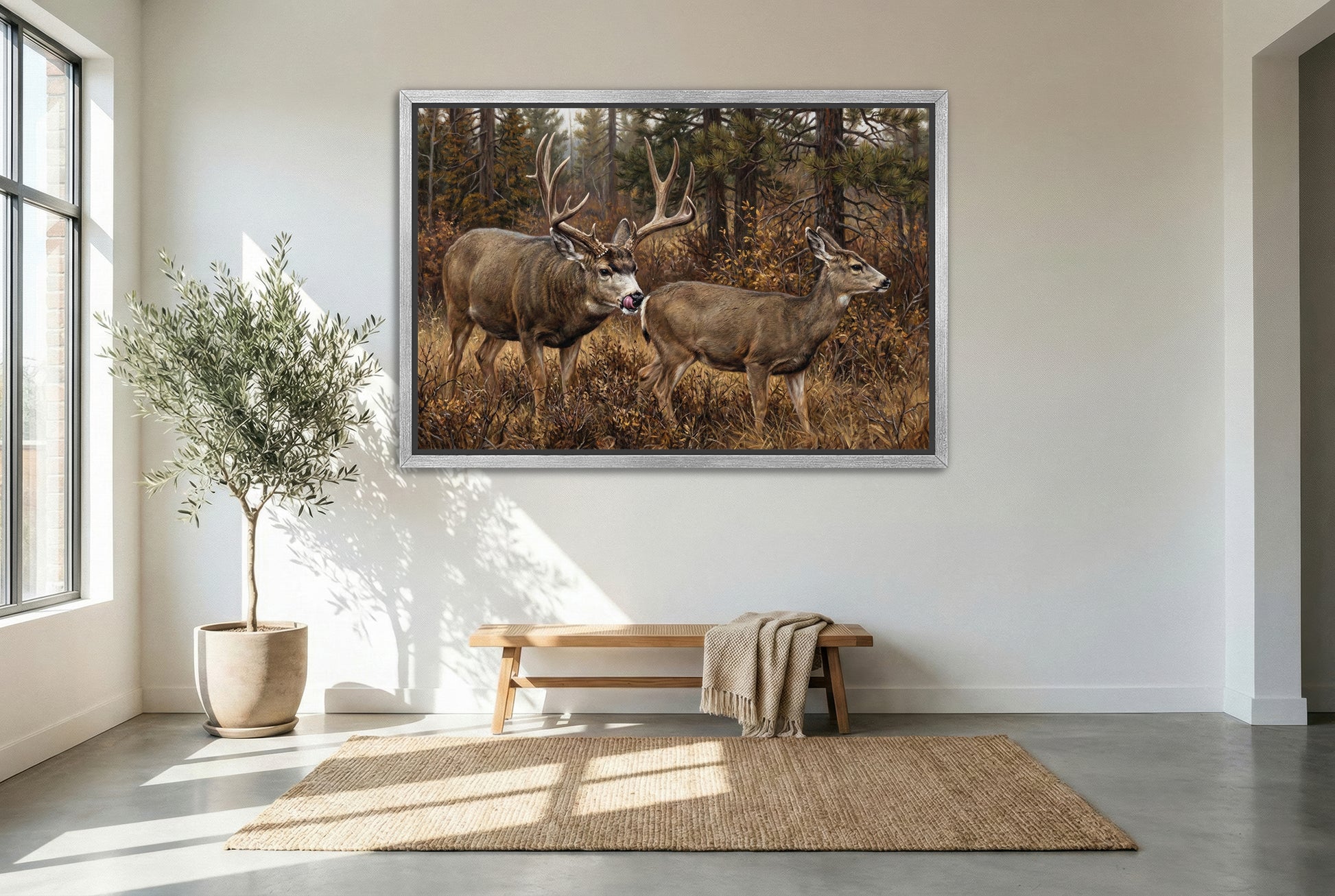 silver floating framed canvas big game artwork of hot on her tail the mule deer rut
