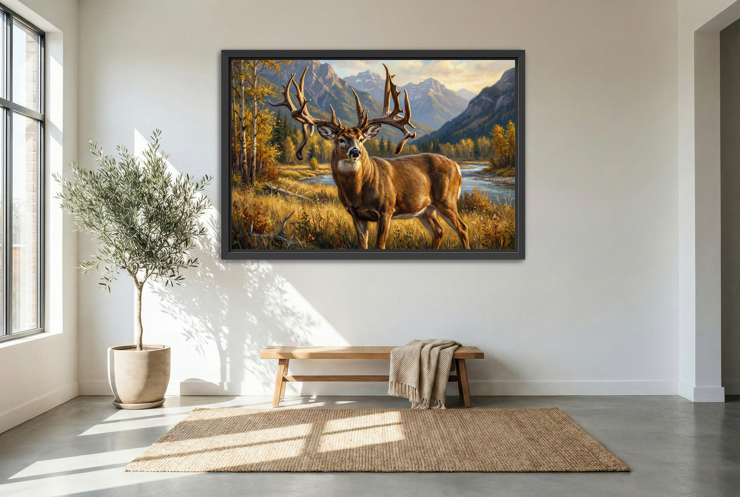 black floating framed canvas print featuring the Jim Brewster whitetail buck British Columbia Canada