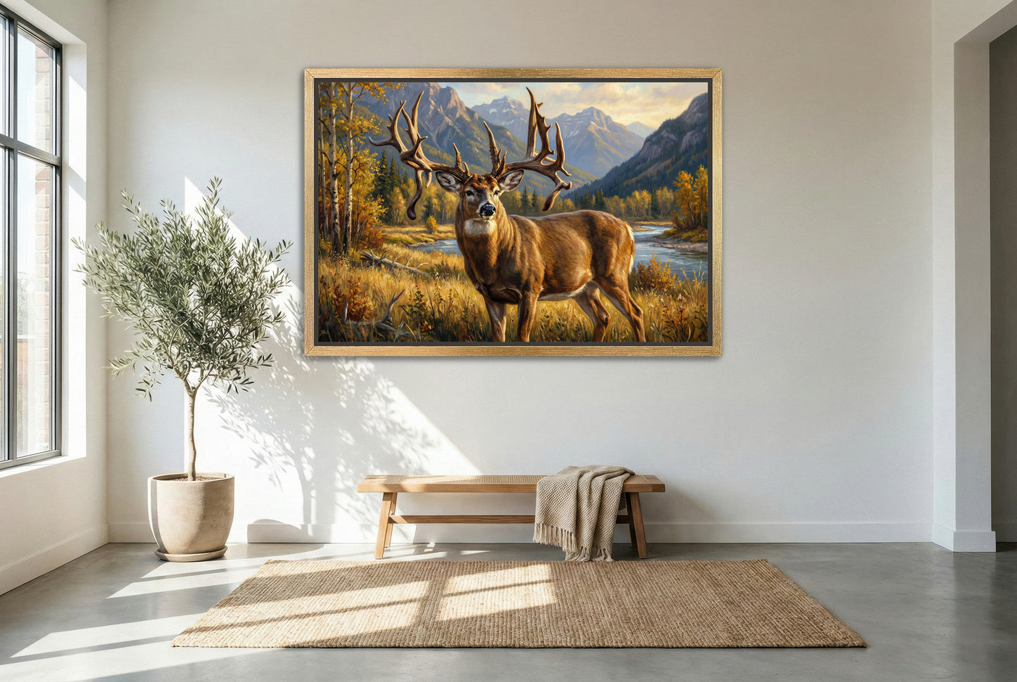 gold floating framed canvas trophy room art of the Jim Brewster whitetail buck British Columbia Canada