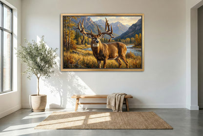 gold floating framed canvas trophy room art of the Jim Brewster whitetail buck British Columbia Canada