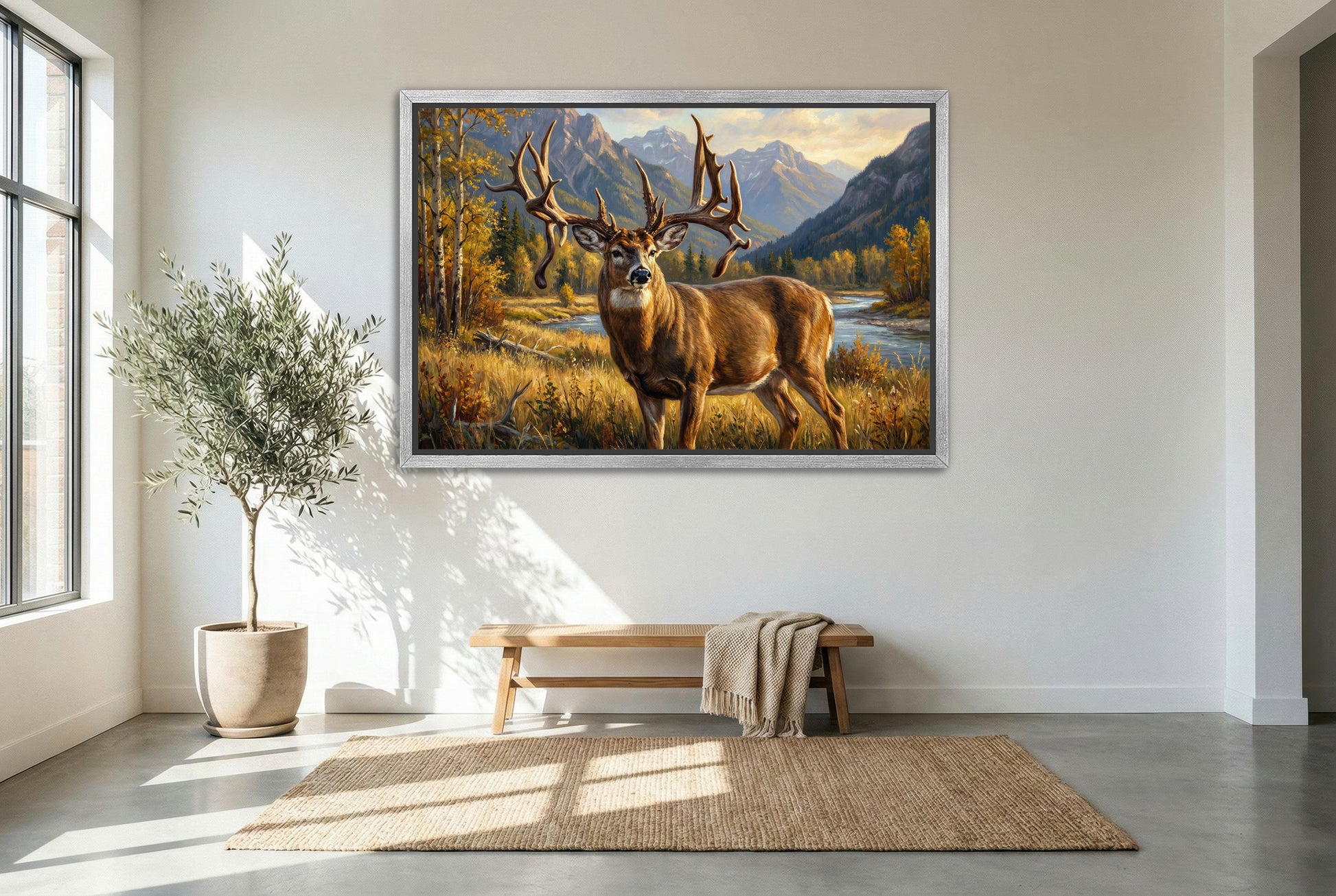 silver floating framed canvas big game artwork of the Jim Brewster whitetail buck British Columbia Canada