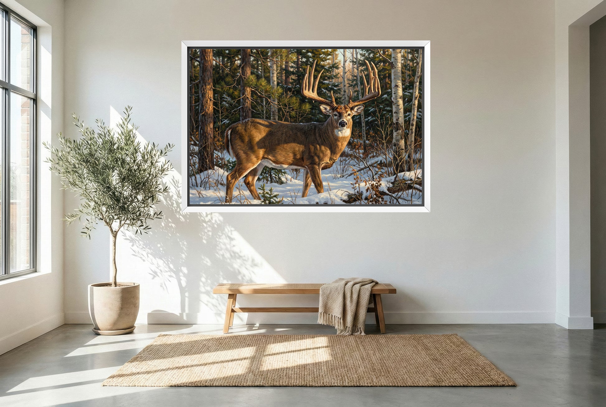 white floating framed canvas art of the john breen whitetail buck Minnesota
