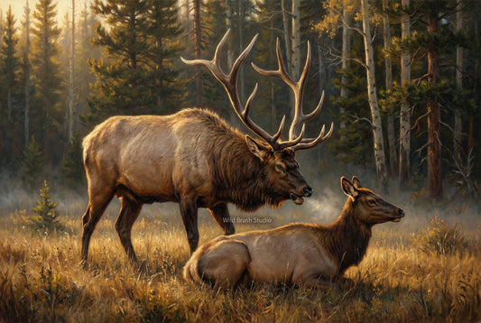 big bull elk keeping a watchful eye on his cow rut behavior oil painting paper art print