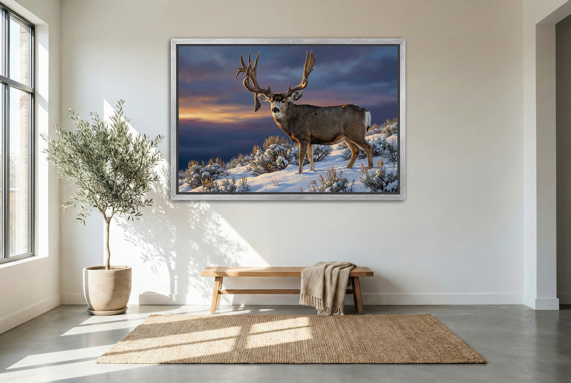 Silver floating framed canvas big game artwork of the King Buck mule deer