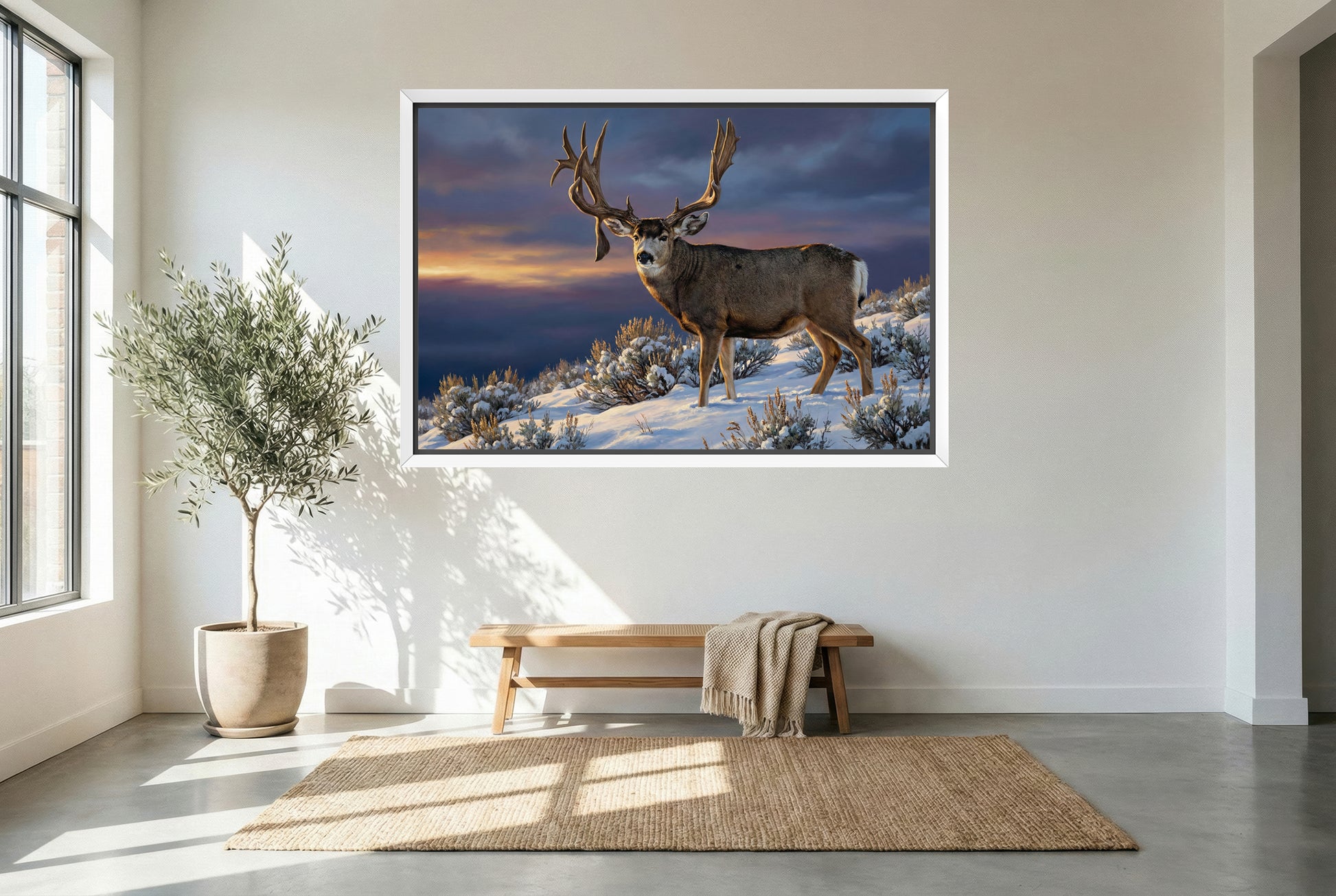 White floating framed canvas art of the King Buck for modern hunting home decor