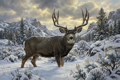 deep snow mule deer buck surviving winter oil painting paper art print