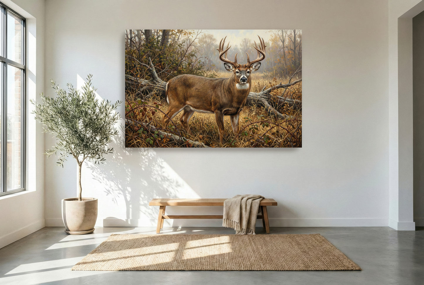 gallery wrapped canvas wildlife wall art of a large whitetail buck emerging from a thick bedded pocket