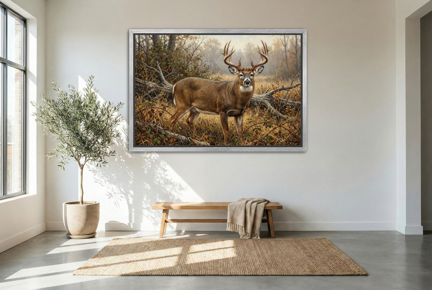 silver floating framed canvas big game artwork of a large whitetail buck emerging from a thick bedded pocket