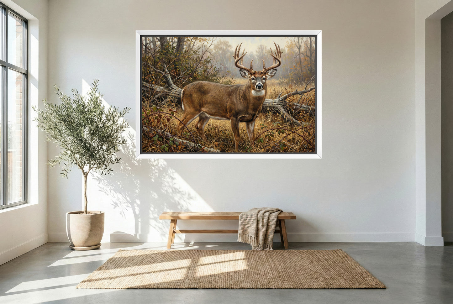 white floating framed canvas art of a large whitetail buck emerging from a thick bedded pocket