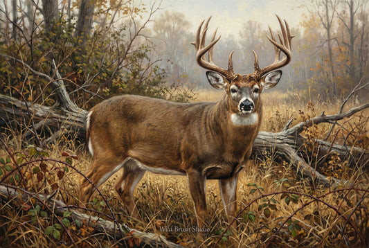 large whitetail buck emerging from a thick bedded pocket oil painting paper art print