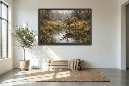 black floating framed canvas print featuring the best time a large whitetail buck pond reflection at the water hole