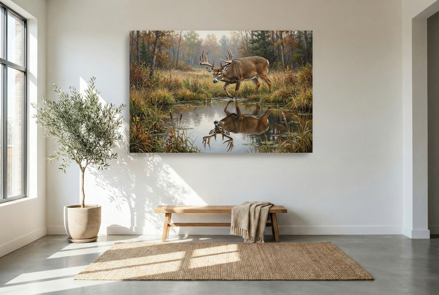 gallery wrapped canvas wildlife wall art of a large whitetail buck pond reflection at the water hole