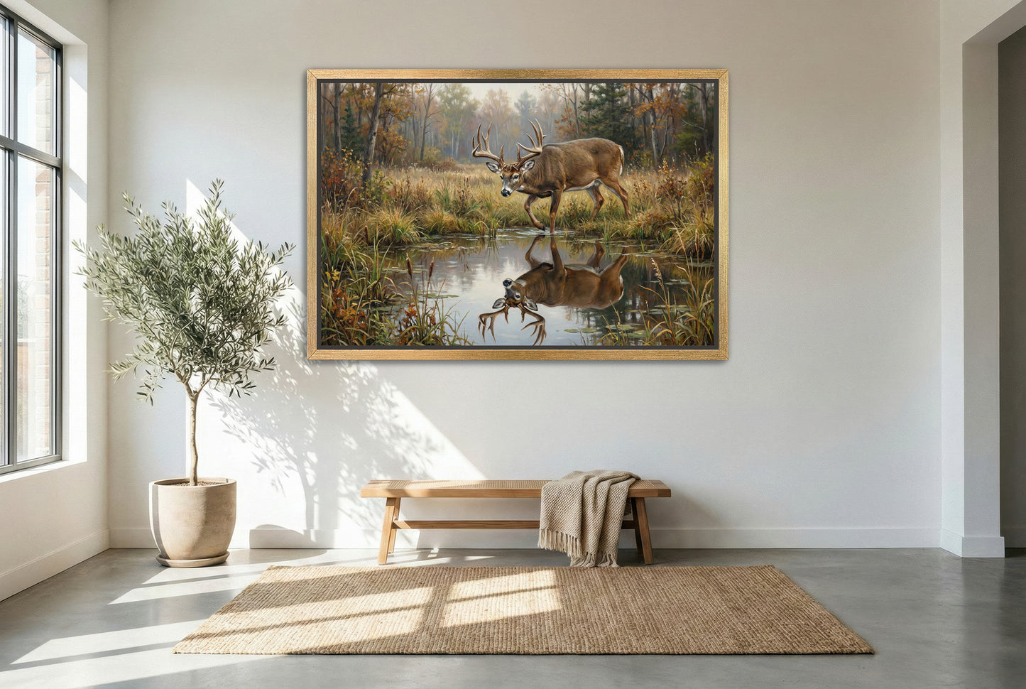 gold floating framed canvas trophy room art the best time of a large whitetail buck pond reflection at the water hole